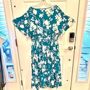 Torrid Midi Dress Womens 3XL Plus Blue Floral Tie Neck Flutter Sleeve
